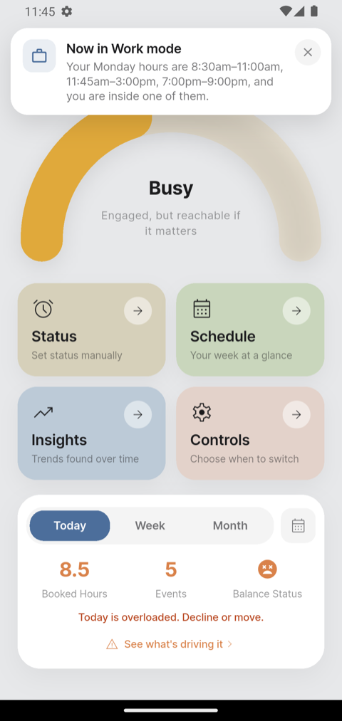 An in-app banner telling the participant BAI switched them to Work mode