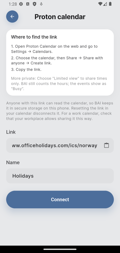 Adding a Proton calendar: where to find the link, the link pasted, named Holidays, and the Connect button
