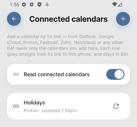 Connected calendars with Read connected calendars switched on, listing Holidays, from Proton, updated 1:56pm, with a refresh button