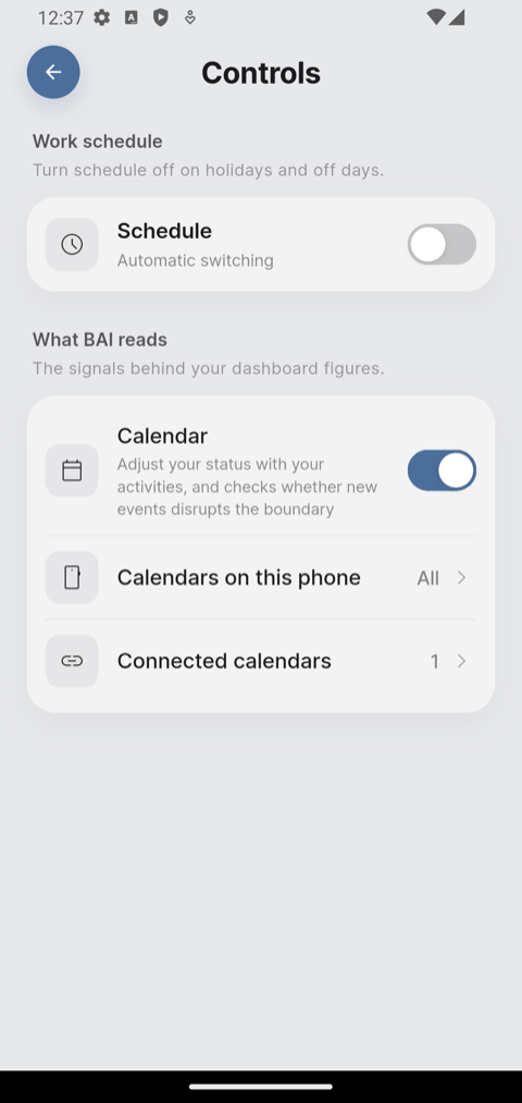 Controls screen with the Calendar switch on, and beneath it Calendars on this phone and Connected calendars