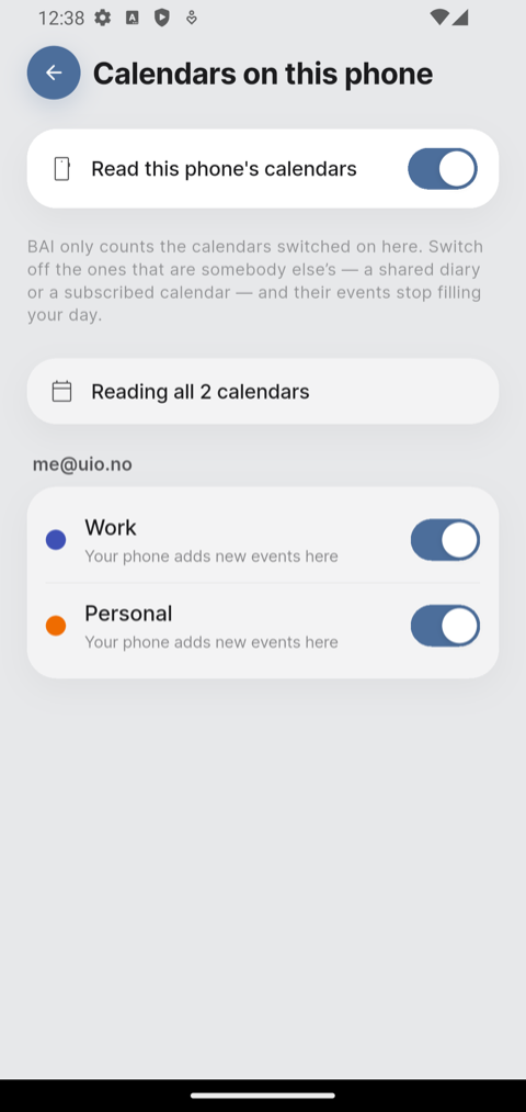 Calendars on this phone, with Read this phone's calendars on and the Work and Personal calendars both switched on