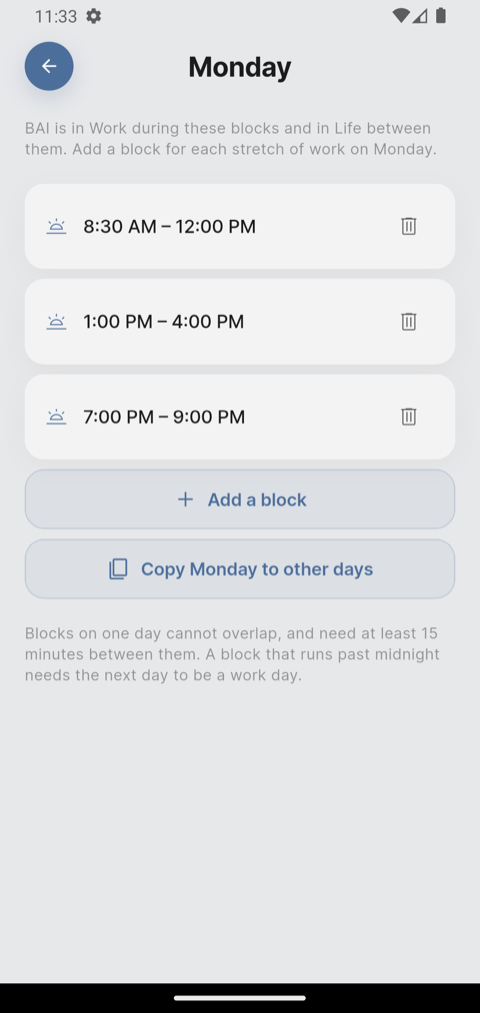The page for one day, listing three work blocks with an Add a block button