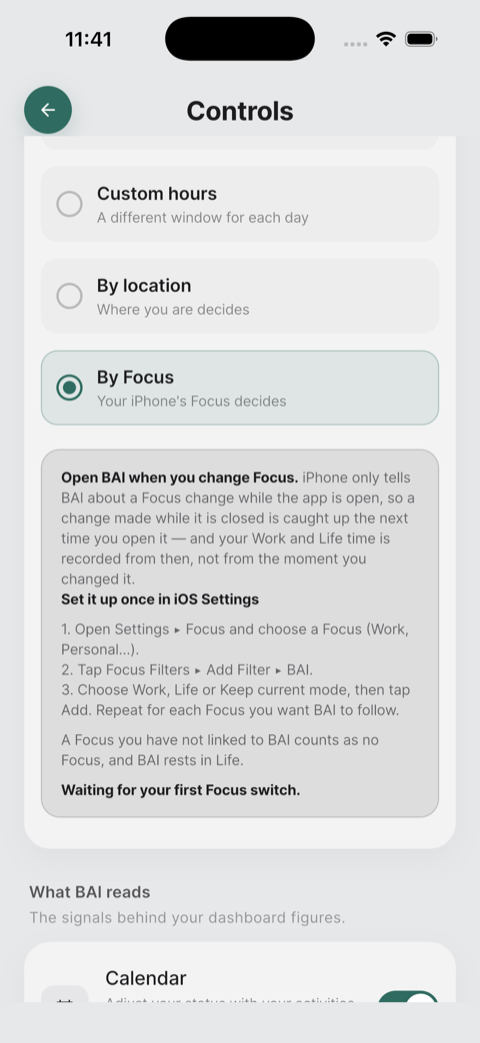 Controls screen with By Focus selected, showing the setup steps and the note to open BAI when you change Focus