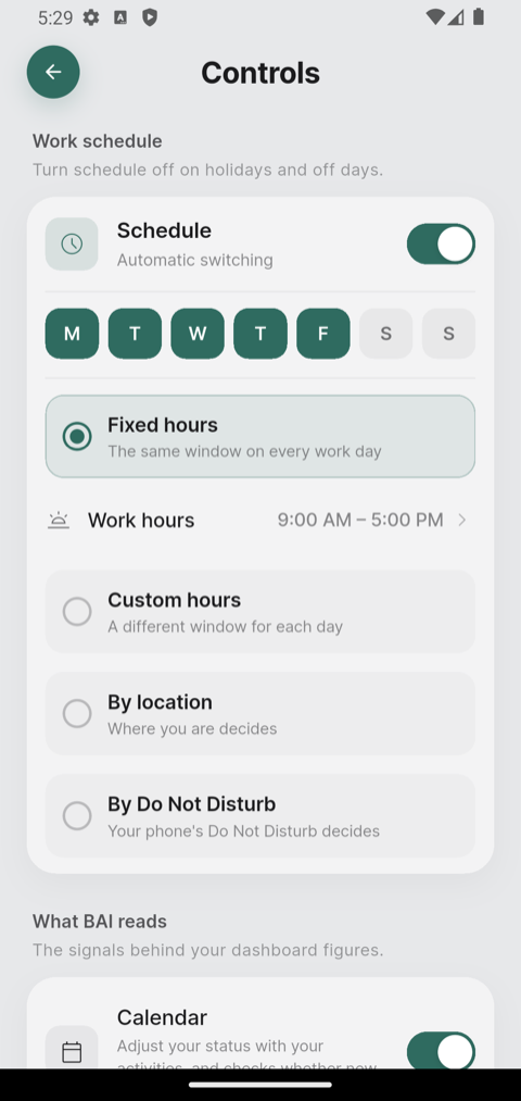Controls screen with the Schedule switch on and Monday to Friday selected