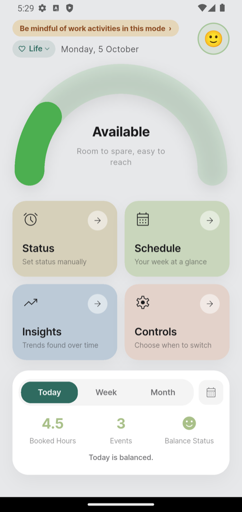 The BAI dashboard showing an Available status, four tiles, and today's calendar figures