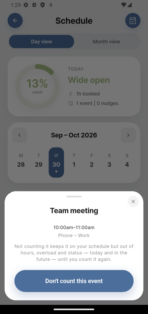 The sheet for Team meeting, 10:00am to 11:00am, saying Phone – Work under the time