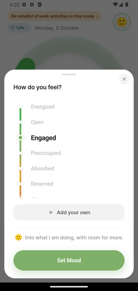 The mood sheet with the scale running from Energized down through Open, Engaged, Preoccupied, Absorbed and Reserved, and an Add your own button beneath