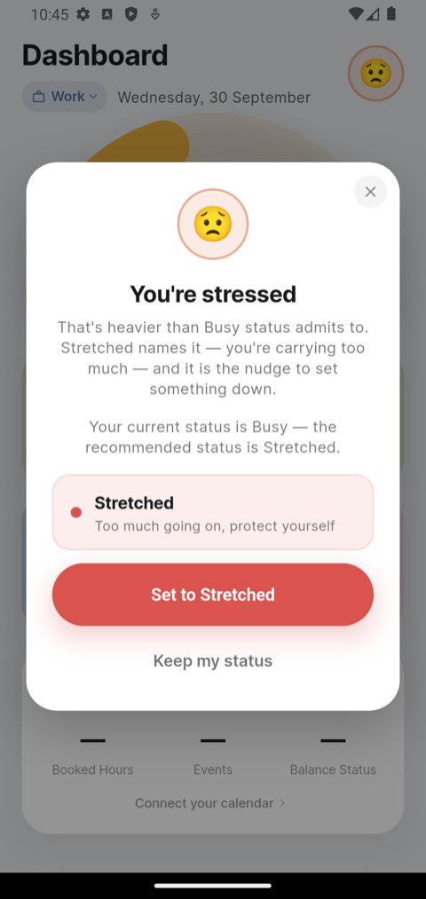 After checking in as Stressed, BAI offers Set to Stretched, or Keep my status