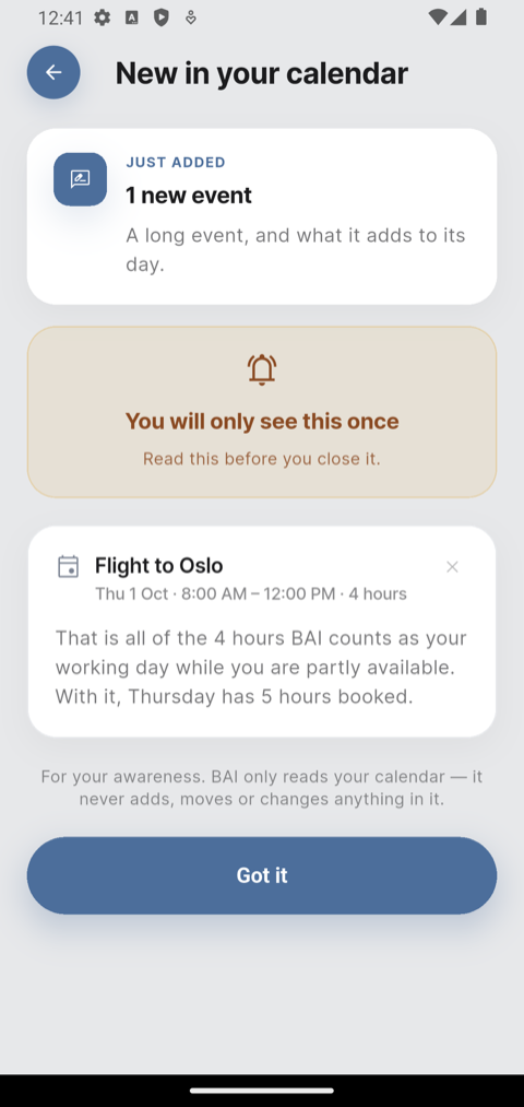 The New in your calendar page, highlighting a four-hour flight