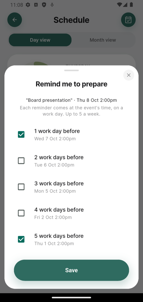 The Remind me to prepare sheet with work days to tick
