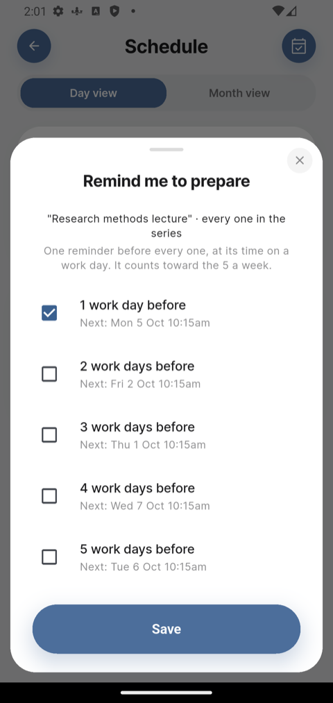 The Remind me to prepare sheet for a weekly lecture, with 1 work day before ticked