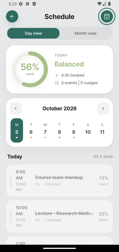 The Schedule screen with the calendar button in the top-right corner highlighted