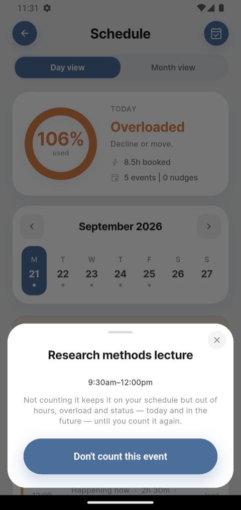 The sheet that opens when you tap an event, offering Don't count this event