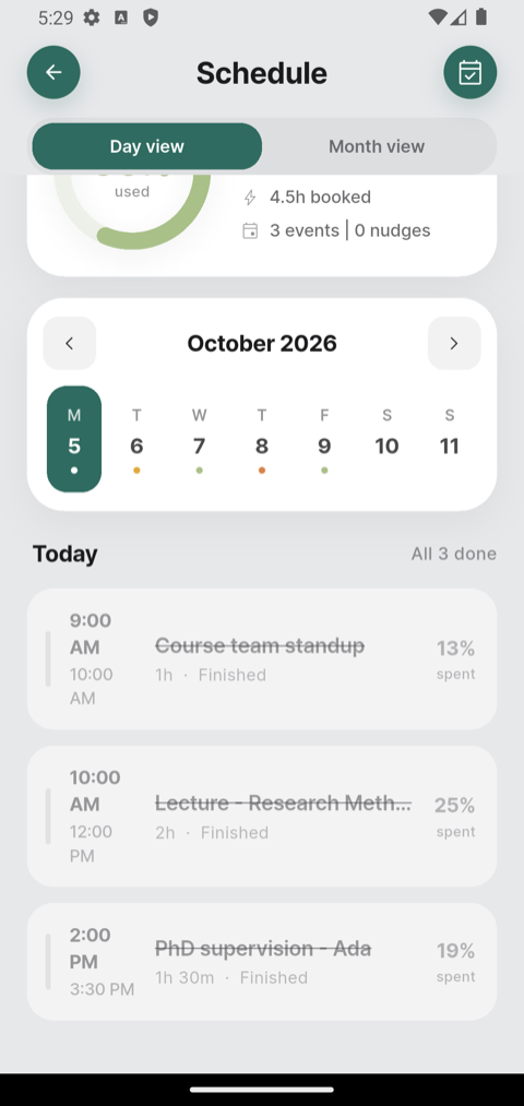Schedule screen listing today's events with the share of capacity each one spent