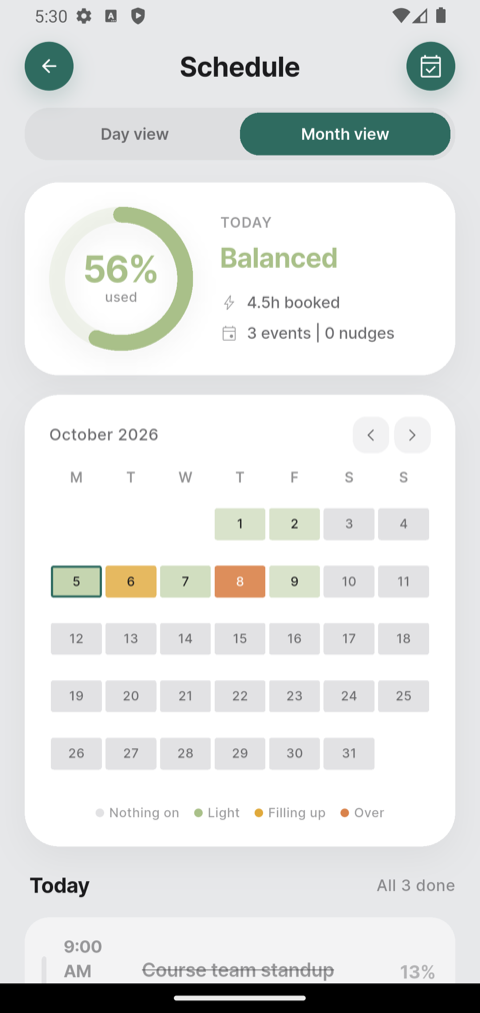 Schedule month view with each day tinted by how full it is
