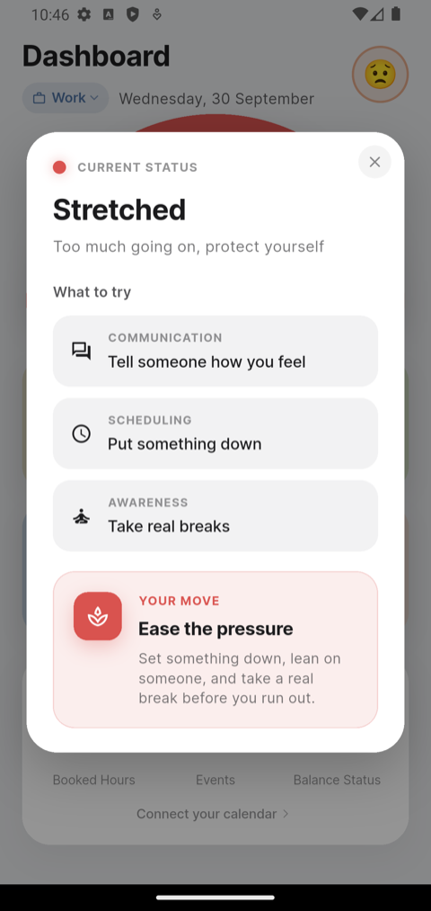 The status pop-up for Stretched reached through a mood check-in, with advice reading Tell someone how you feel and Ease the pressure