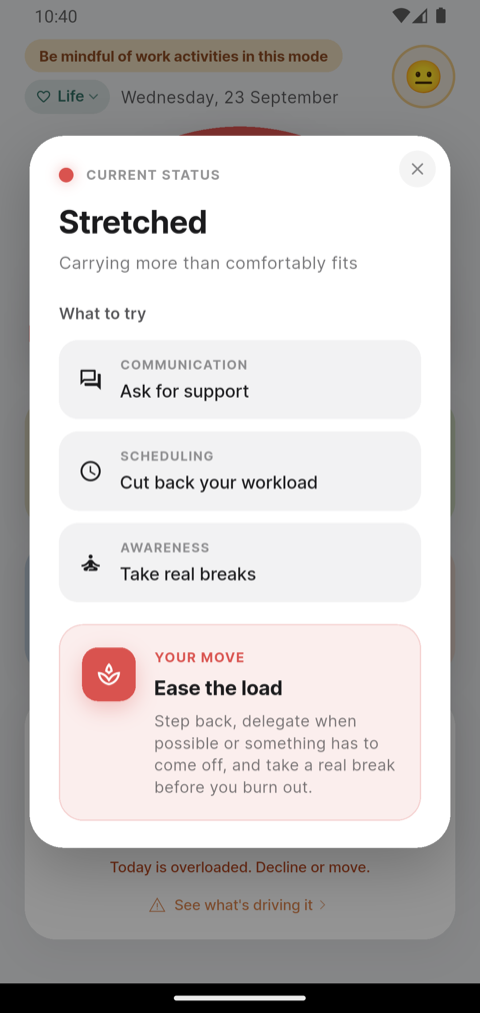 The status pop-up for Stretched, showing What to try and Your move: Ease the load