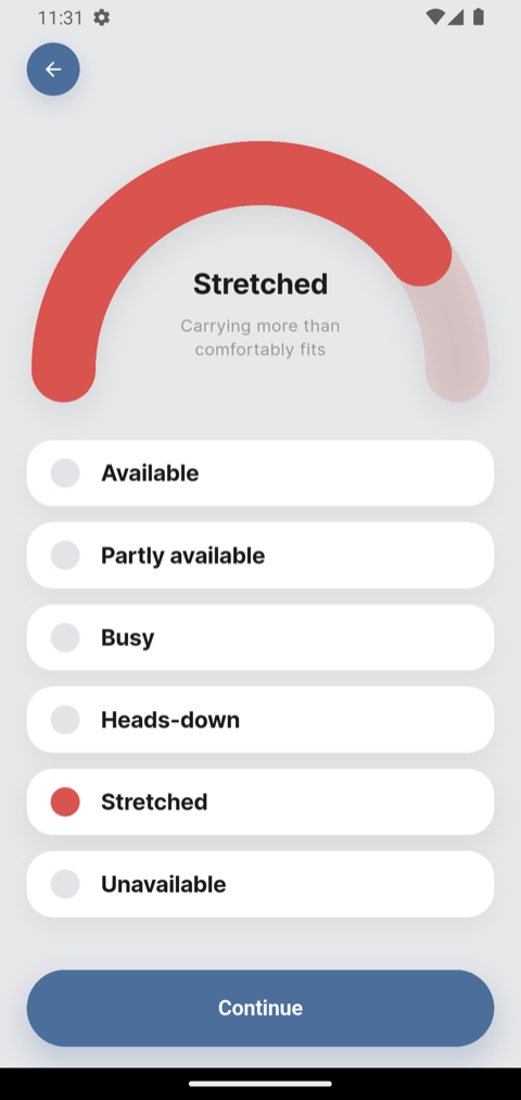 The status screen listing Available, Partly available, Busy, Heads-down, Stretched and Unavailable