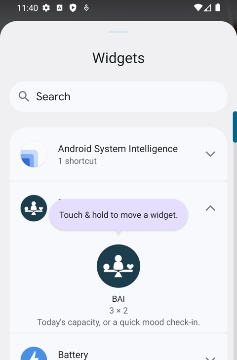 Android's widget list opened on BAI: Today's capacity, or a quick mood check-in