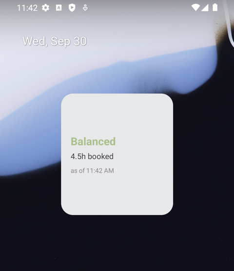 The BAI widget on an Android home screen: Balanced, 4.5h booked, as of 11:42 AM