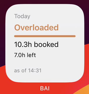 The small BAI widget on an iPhone home screen: Today, Overloaded, 10.3h booked, 7.0h left, as of 14:31